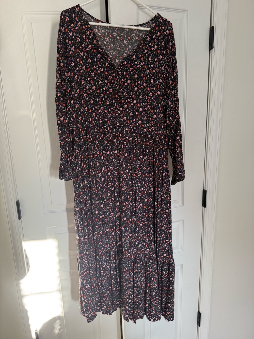 Old Navy Black Long-Sleeve Midi Dress with Pink Floral Print